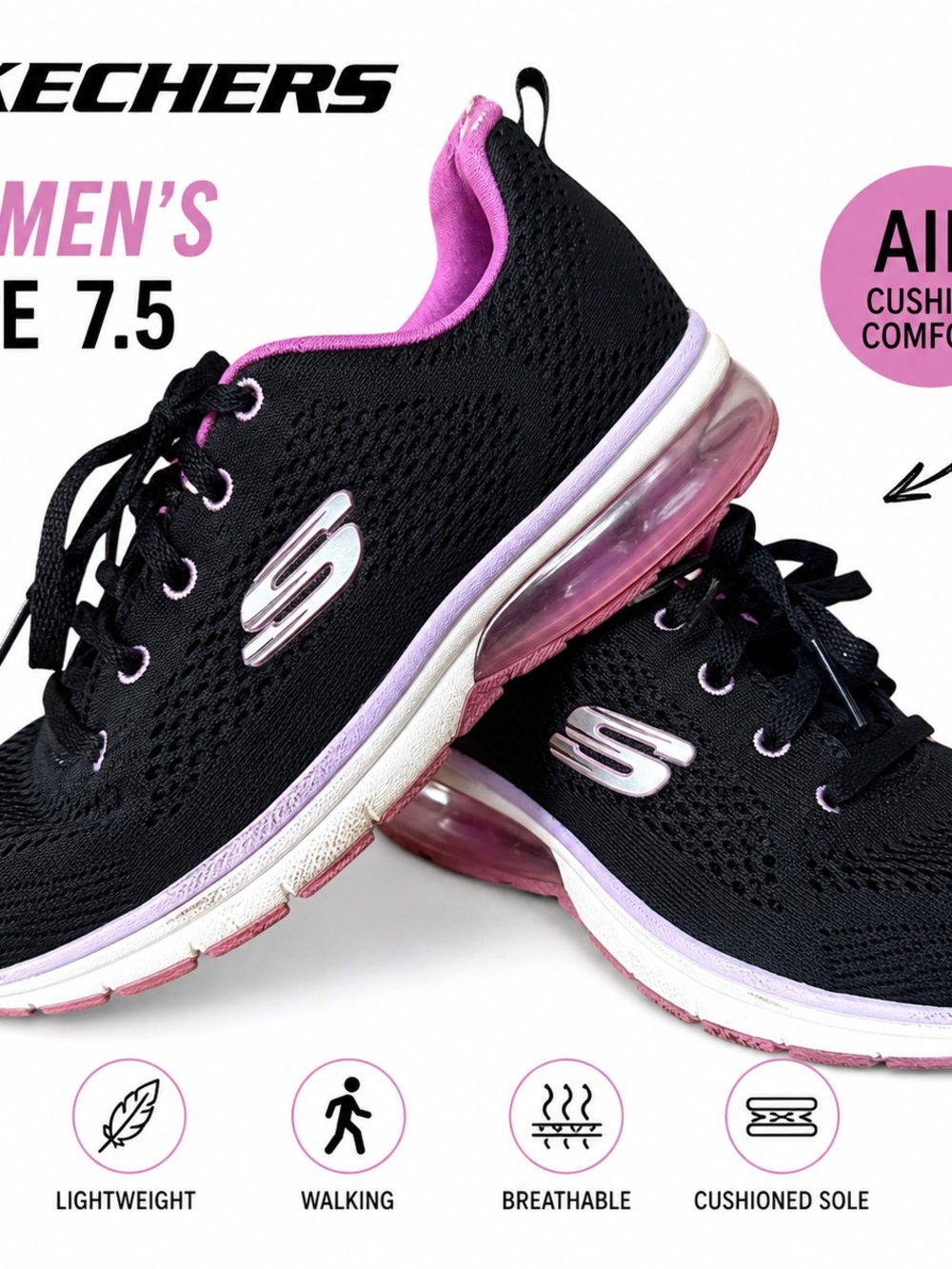 Skechers Women's Black & Pink Air-Cushion Walking Shoes Size 7.5